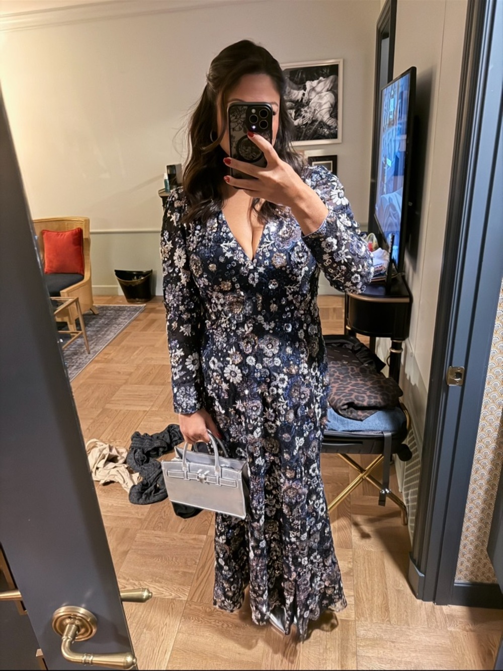 Dress the Population Navy Floral Sequin Long Sleeve Gown